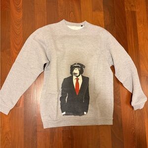 Gray Sweater with Monkey in Suit Design